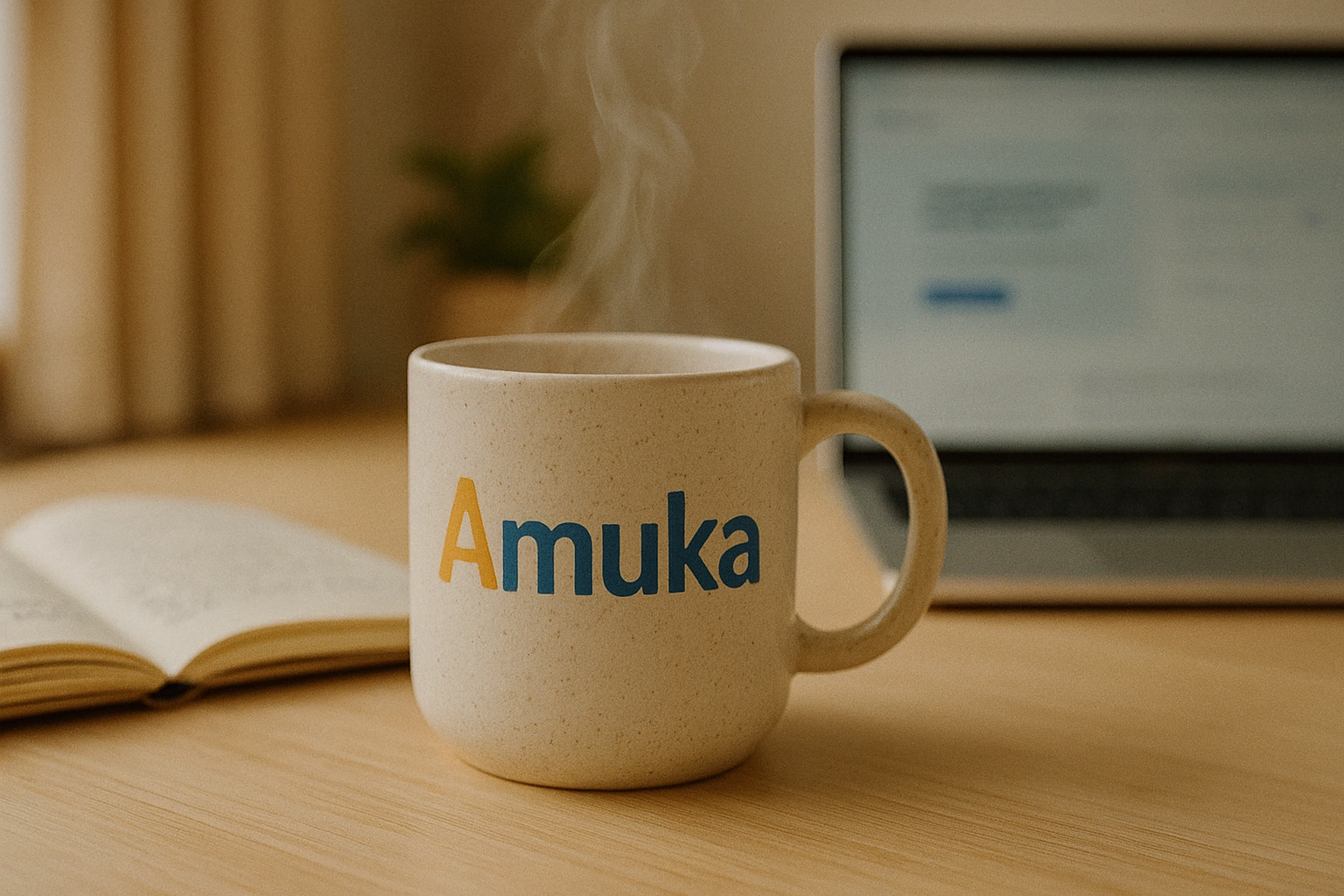 Una taza de una bebida caliente, se ve humeante y tiene grabado el logo de Amuka